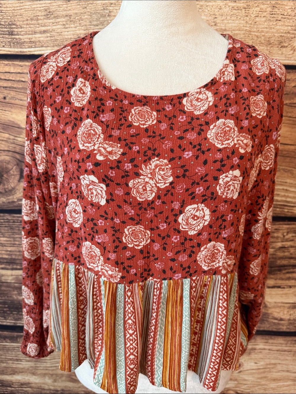 Jolt Rust Rose Floral Peplum Top with Striped Hem